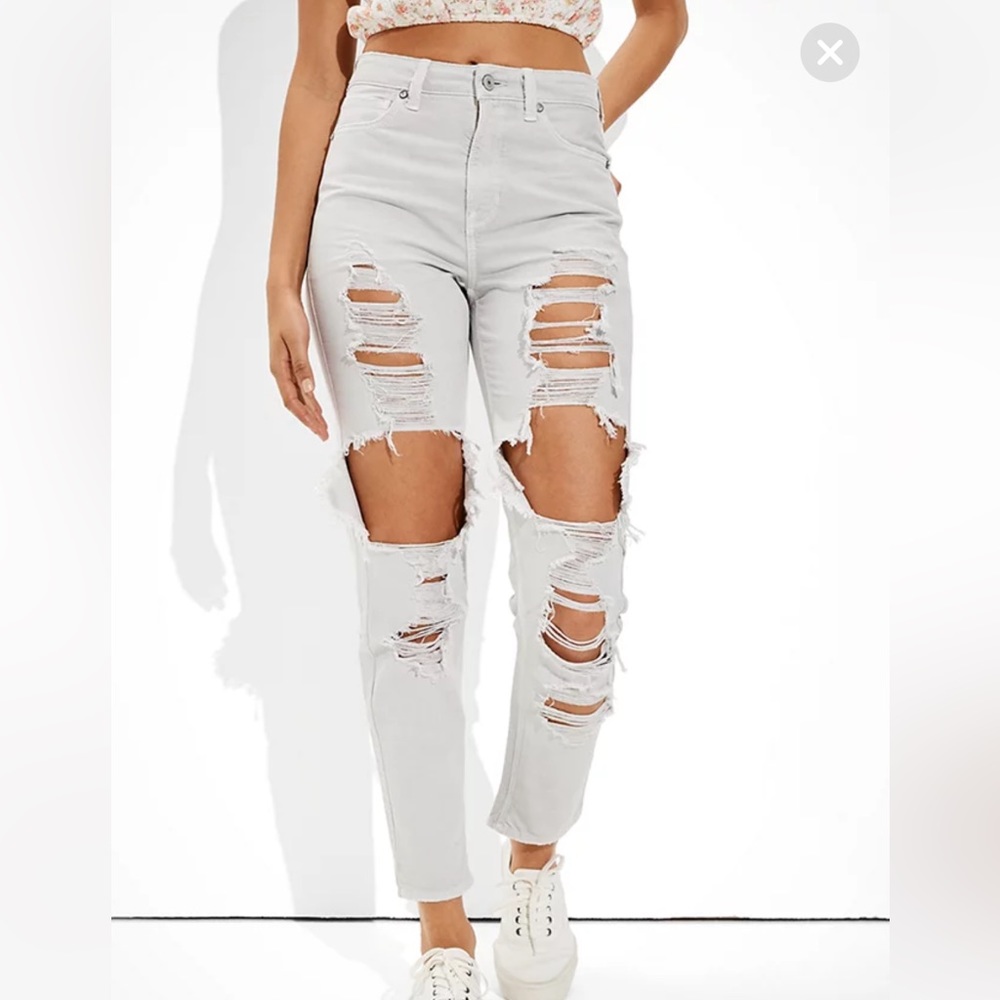 American Eagle Gray Ripped Mom Jean